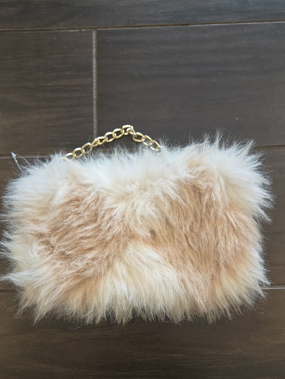 Faux Fur Chain-Handle Clutch Bag in Cream-Tan